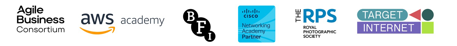 Partner logos: Agile Business Consortium, AWS Academy, BFI, Cisco Networking Academy, The Royal Photographic Society and Target Internet.