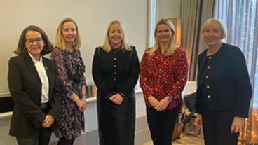 Skills policy briefing session 'Opening Opportunities - discussing the direction of skills in Northern Ireland' hosted in partnership by The Open University and The IoD. Pictured L-R is Jackie Henry, Deloitte; Dr. Lynsey Quinn, The Open University; Kirsty McManus, IoDNI; Mary Meehan, Manufacturing NI and Maire-Therese McGivern, NED.